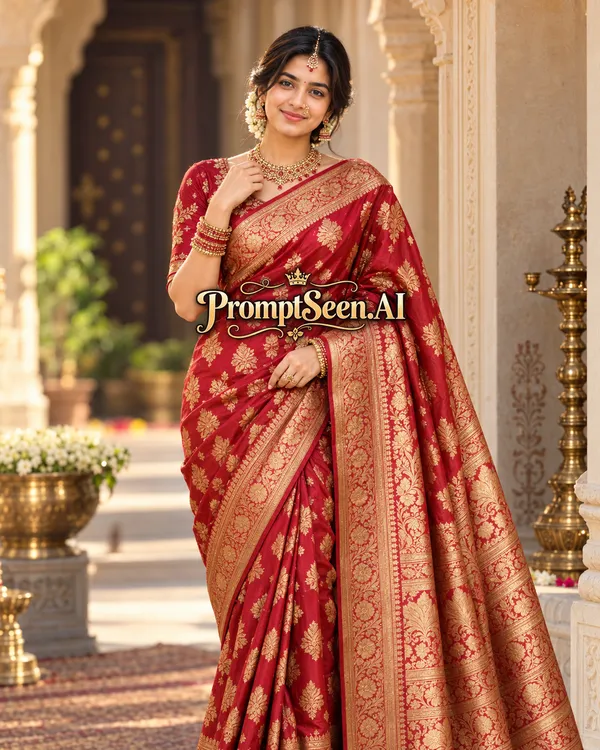Royal Red Banarasi Silk Saree Portrait