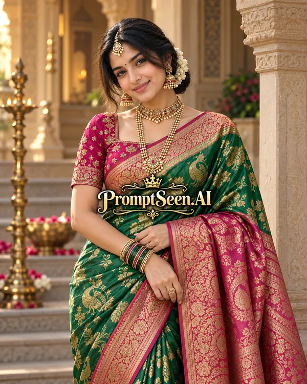 Emerald Green Banarasi Saree Portrait