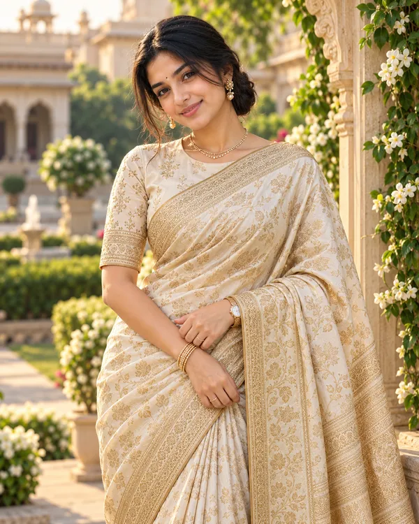 Ivory Gold Banarasi Saree Portrait