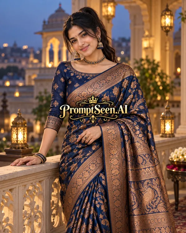 Midnight Blue Banarasi Saree Portrait