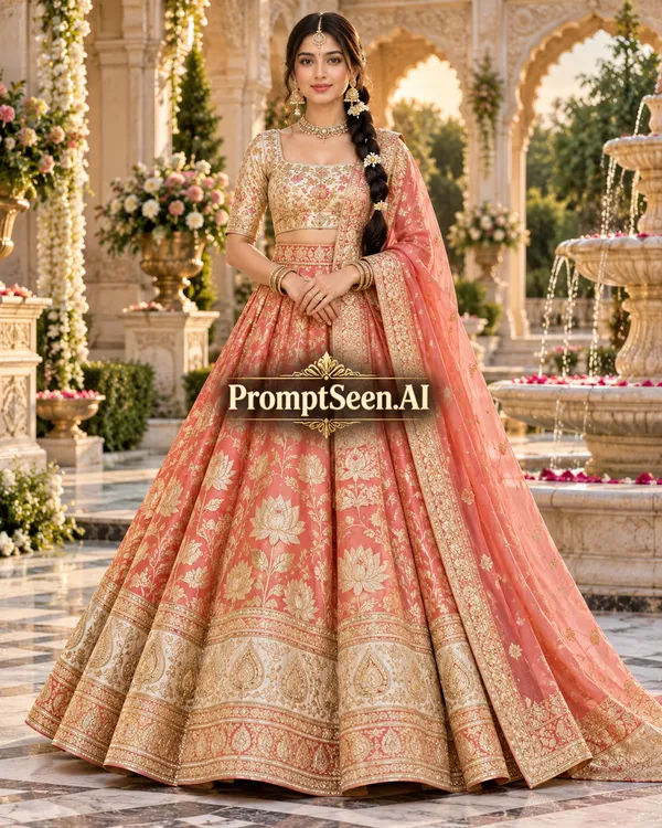 Lotus Peach Banarasi Lehenga Portrait