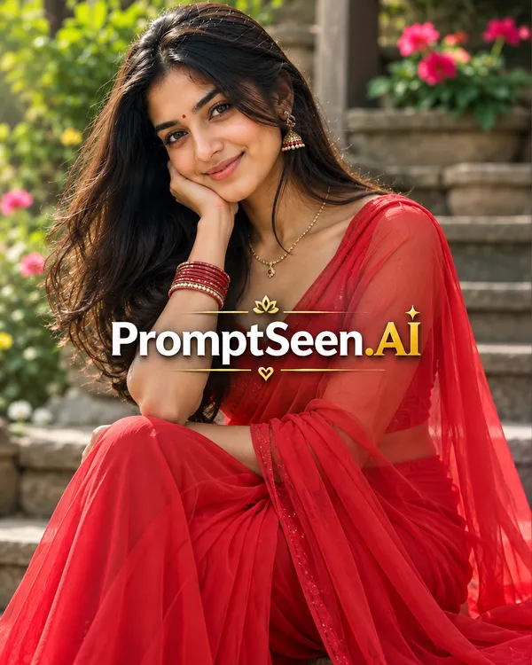 Elegant Red Chiffon Saree AI Photo