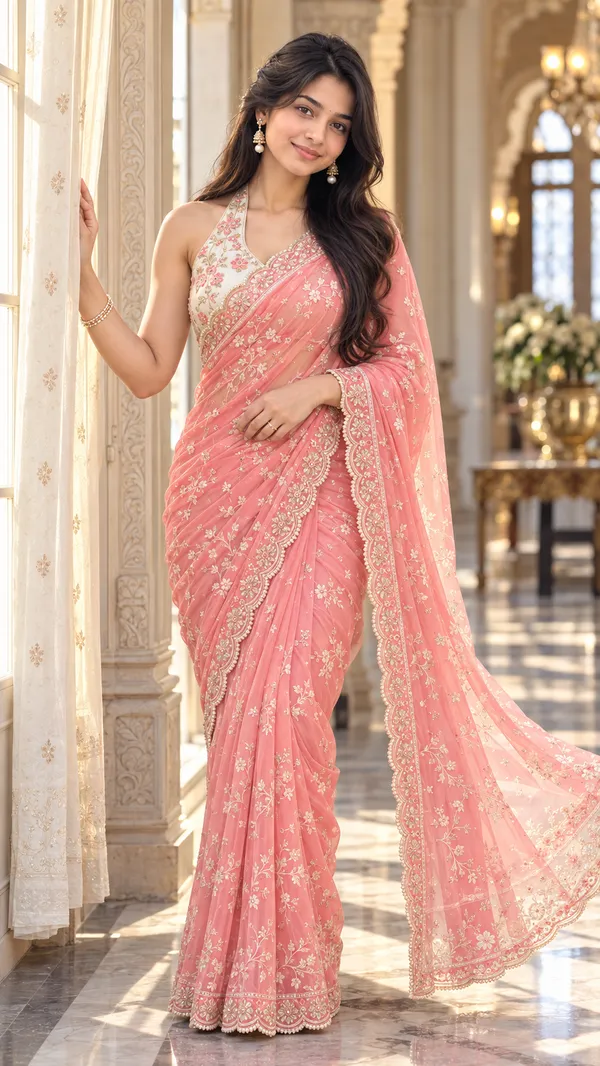 Coral Pink Chiffon Saree Contemporary Palace