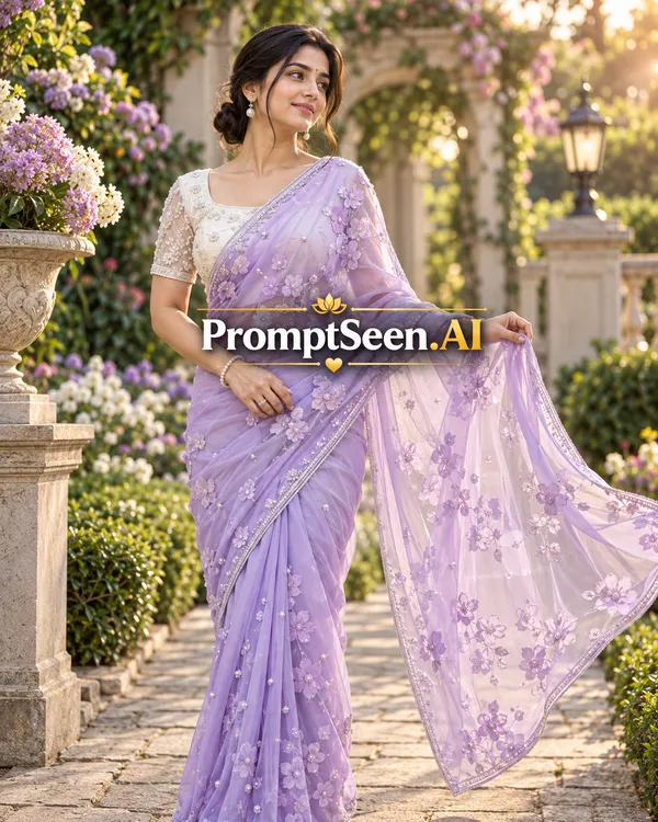 Lavender Floral Chiffon Saree Garden Portrait