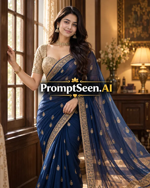 Midnight Blue Chiffon Saree Retro Glamour