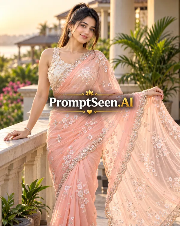 Peach Blossom Chiffon Saree Luxury Resort