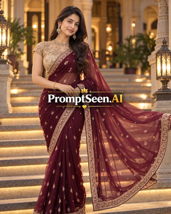 Royal Wine Chiffon Saree Evening Couture