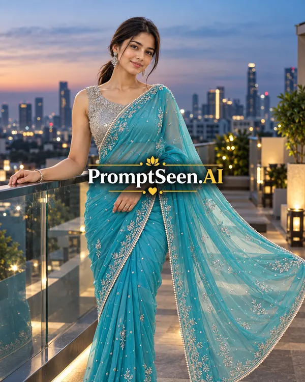 Turquoise Blue Chiffon Saree Skyline Portrait