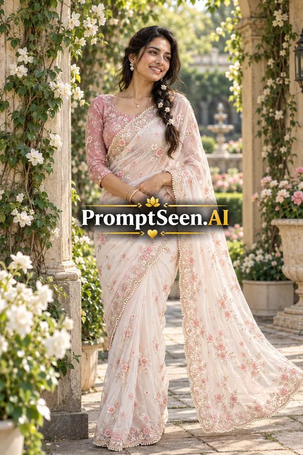 Pearl White Chiffon Saree Vintage Garden