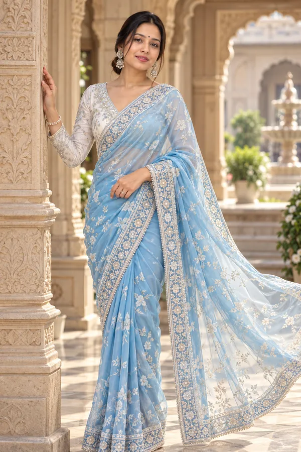Sky Blue Chiffon Saree Royal Courtyard