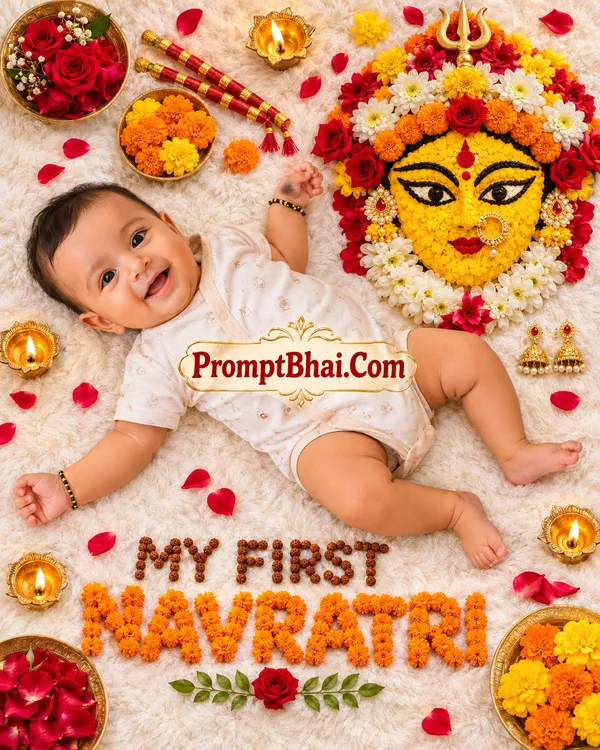 Navratri Flower-Durga Flatlay Soft Cream Photo Prompt