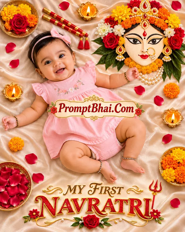 Navratri Flower-Durga Flatlay Beige Silk Photo Prompt
