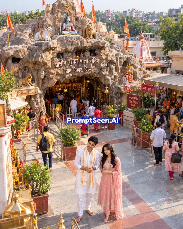Preet Vihar Cave Temple Authentic Drone View Prompt