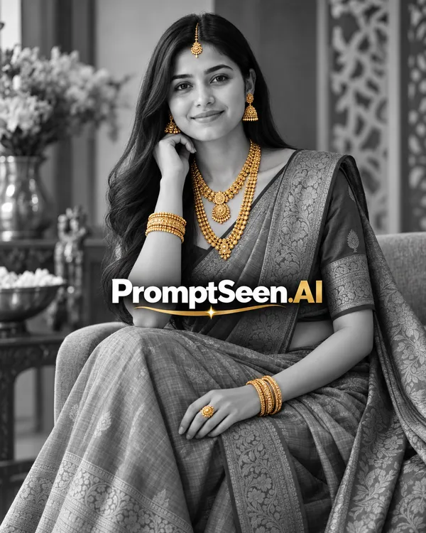 Black and White Saree with Golden Jewelry Luxury Portrait