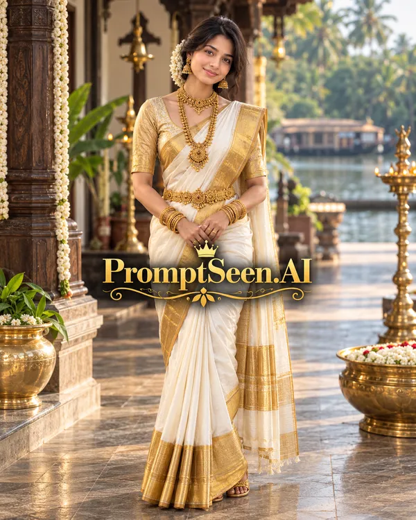 White Saree with Golden Border Kerala Style