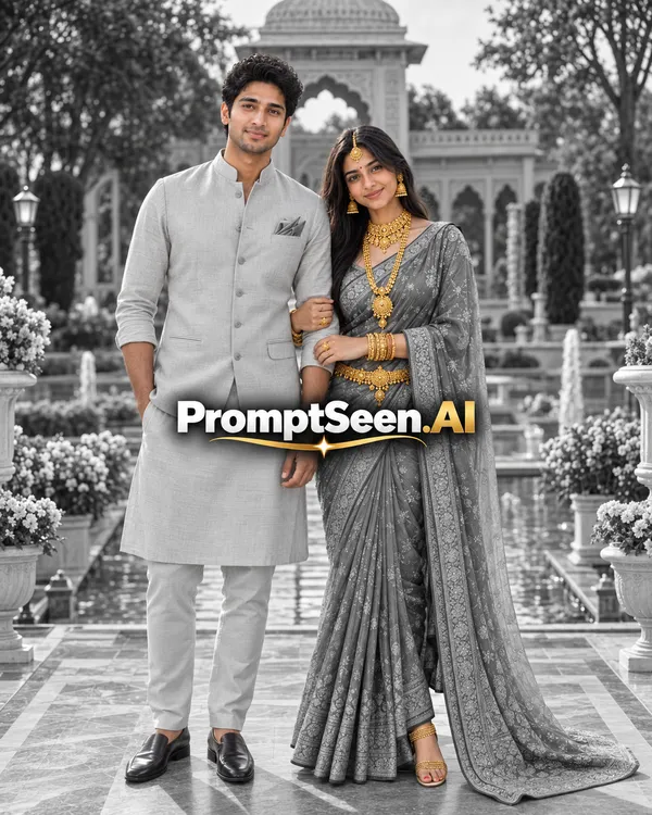 Black and White Couple Portrait with Golden Bridal Jewelry