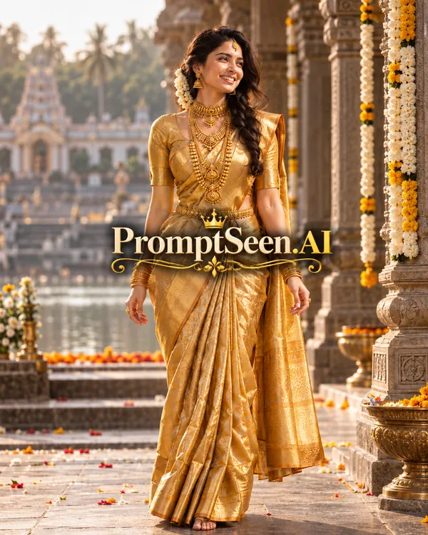 Golden Silk Saree and Layered Gold Necklace Look