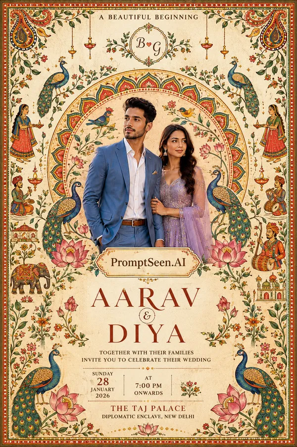 Indian Folk Art Love Story Wedding Invitation