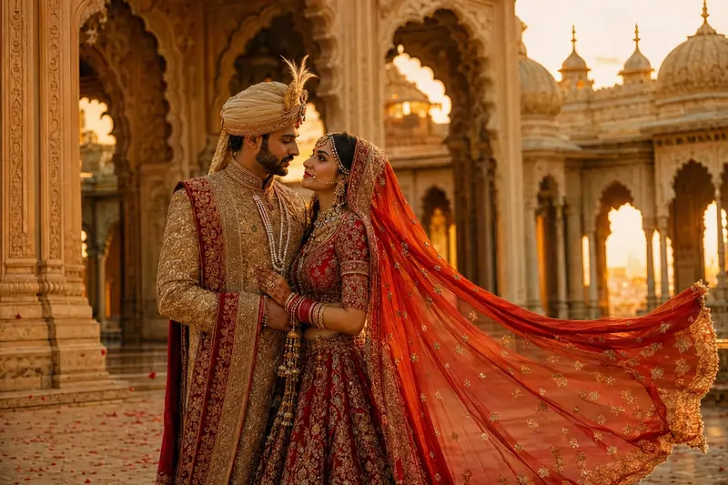 Realistic cinematic royal Indian wedding couple portrait
