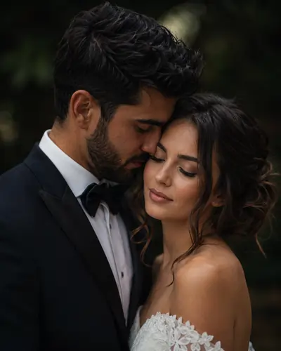 Cinematic close-up portrait of a wedding couple with dramatic lighting and high details